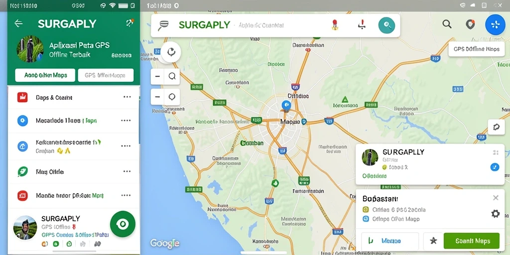 Antarmuka aplikasi SURGAPLY dengan fungsi GPS Offline Maps yang jelas.