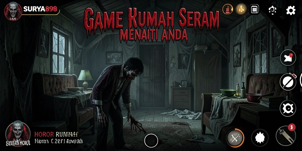 Screenshot SURYA898 menampilkan suasana mencekam di dalam rumah angker.